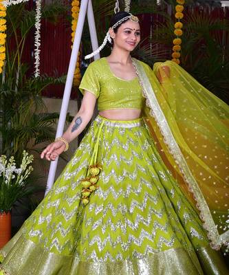 Lia-Lusty Lime-Green Georgette Lehenga Set In Dual Coloured Sequins Chevron Embroidery. 4