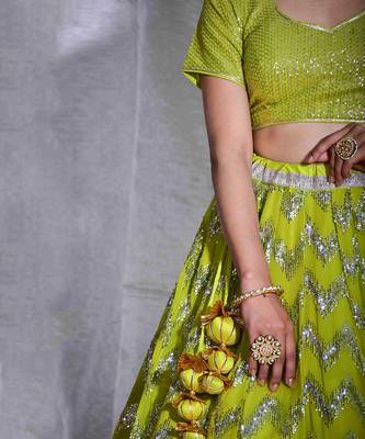 Lia-Lusty Lime-Green Georgette Lehenga Set In Dual Coloured Sequins Chevron Embroidery. 5
