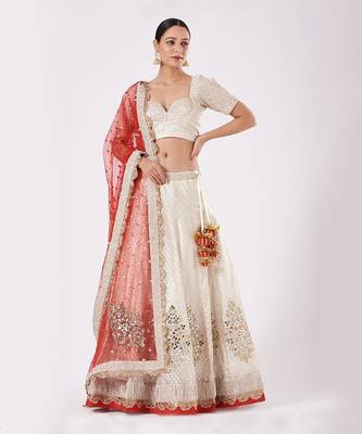 Leela- Summer Ready Cream & Gold And Red Lehenga Set With Mirror Work 1