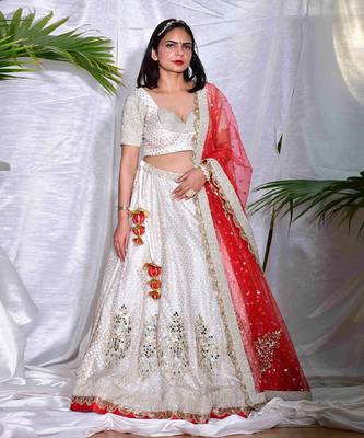 Leela- Summer Ready Cream & Gold And Red Lehenga Set With Mirror Work 2