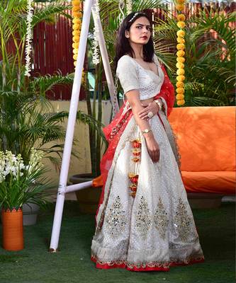 Leela- Summer Ready Cream & Gold And Red Lehenga Set With Mirror Work 3