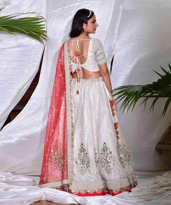 Leela- Summer Ready Cream & Gold And Red Lehenga Set With Mirror Work 4
