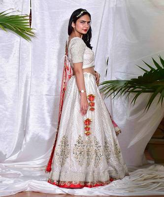 Leela- Summer Ready Cream & Gold And Red Lehenga Set With Mirror Work 5