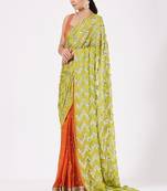 Pre Pleated Colour Blocked Georgette Saree In Lime-Green And Orange Colours. Without Blouse
