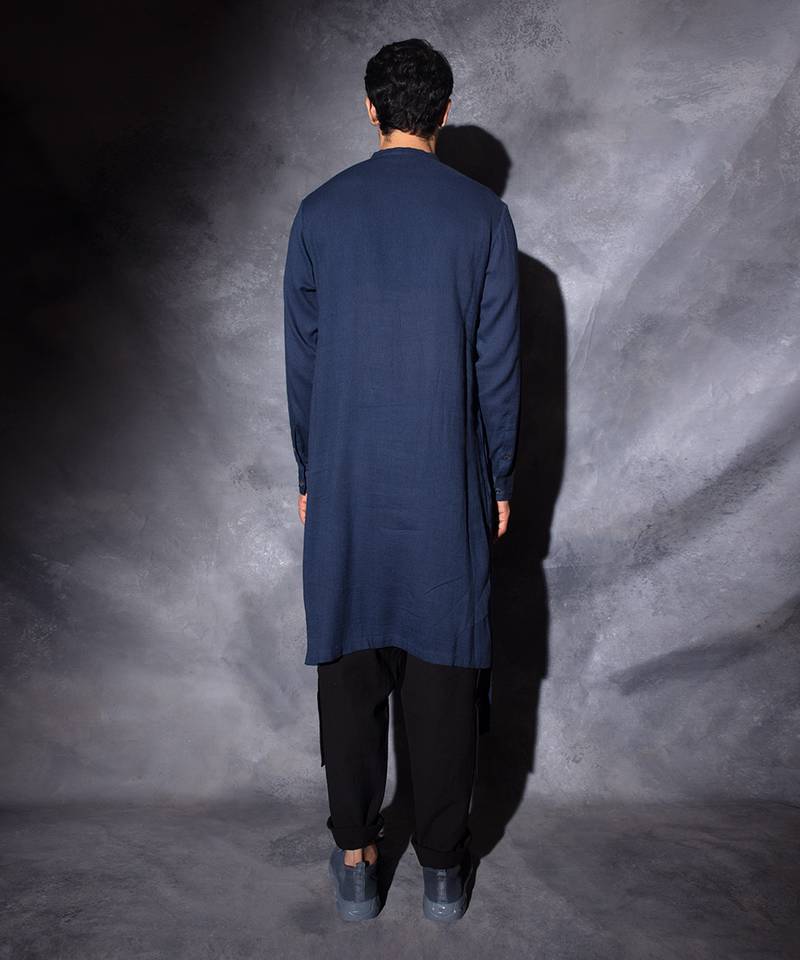 Navy Blue Cross Drape Half Placket Kurta 
