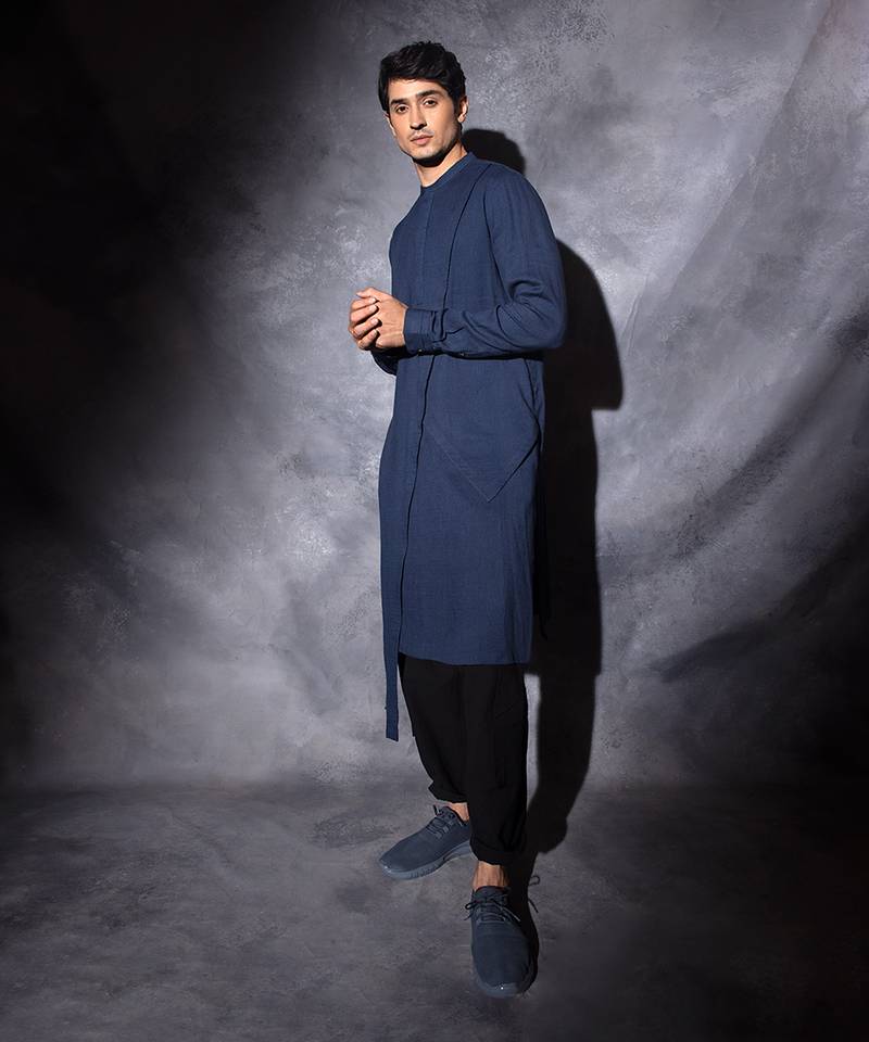 Navy Blue Cross Drape Half Placket Kurta 