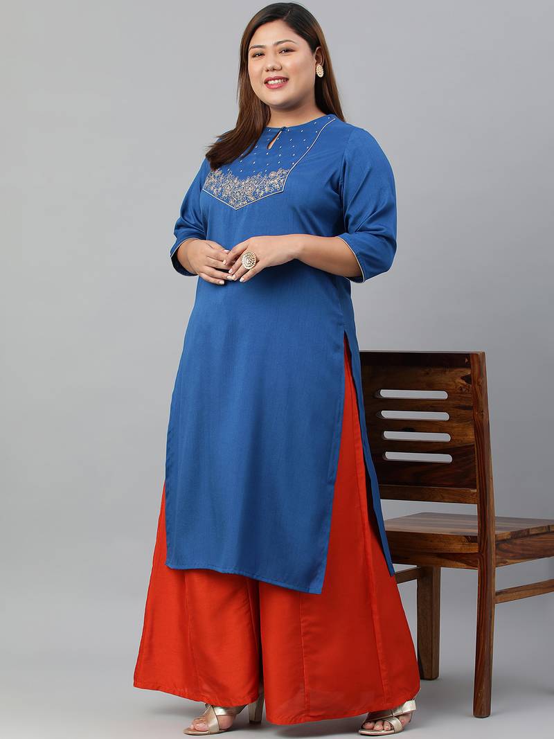 XL LOVE by Janasya Blue embroidered silk ethnic-kurtis