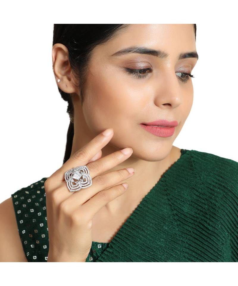 Silver Plated American Diamond Symmentrical Cocktail Ring