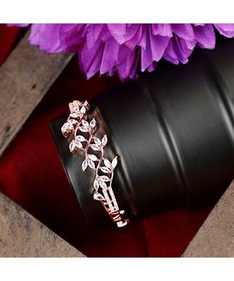 American Diamond Rose Gold Style Statement Leaf Shaped Bracelet for Girls and Women 1