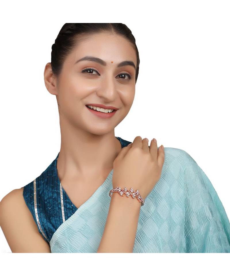 American Diamond Rose Gold Style Statement Leaf Shaped Bracelet for Girls and Women