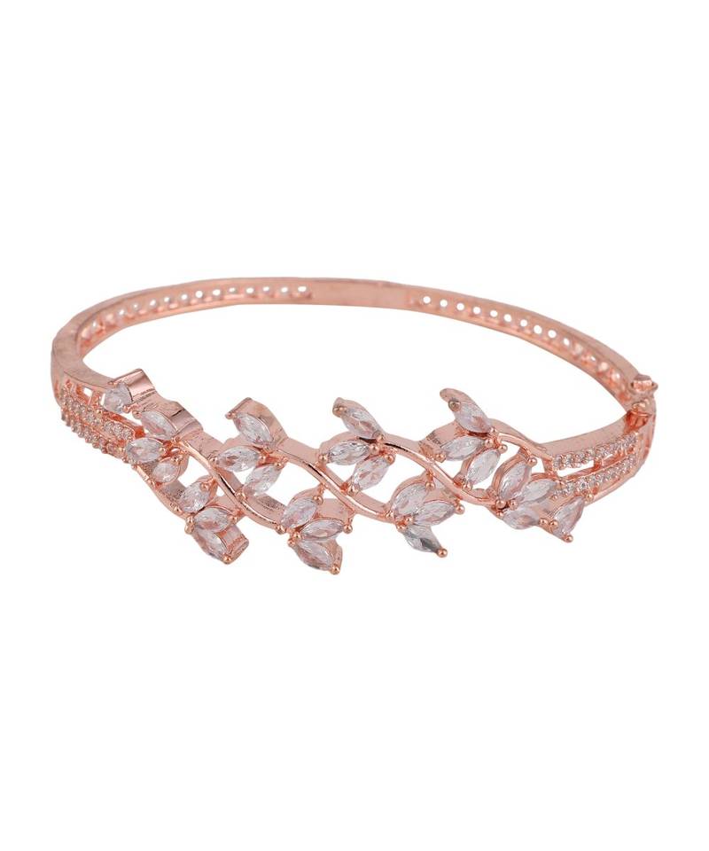American Diamond Rose Gold Style Statement Leaf Shaped Bracelet for Girls and Women