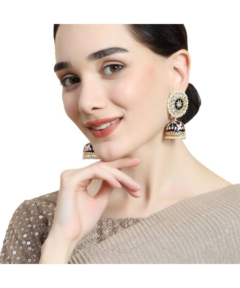 Enameled Black color Pearl studded Jhumka Earring