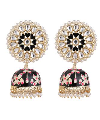 Enameled Black color Pearl studded Jhumka Earring 3