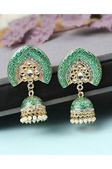 Enameled Green color Structured Stone Jhumka Earring