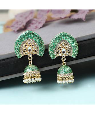 Enameled Green color Structured Stone Jhumka Earring 1
