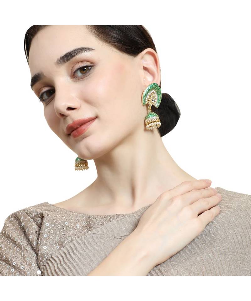 Enameled Green color Structured Stone Jhumka Earring