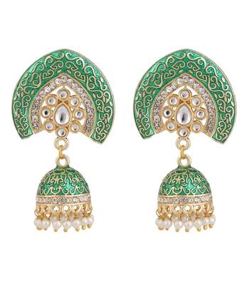 Enameled Green color Structured Stone Jhumka Earring 3