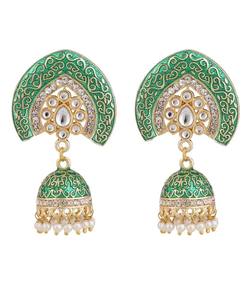 Enameled Green color Structured Stone Jhumka Earring