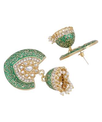 Enameled Green color Structured Stone Jhumka Earring 4