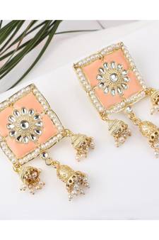 Square Enameled Kundan and Pearl Studded Jhumka Earring