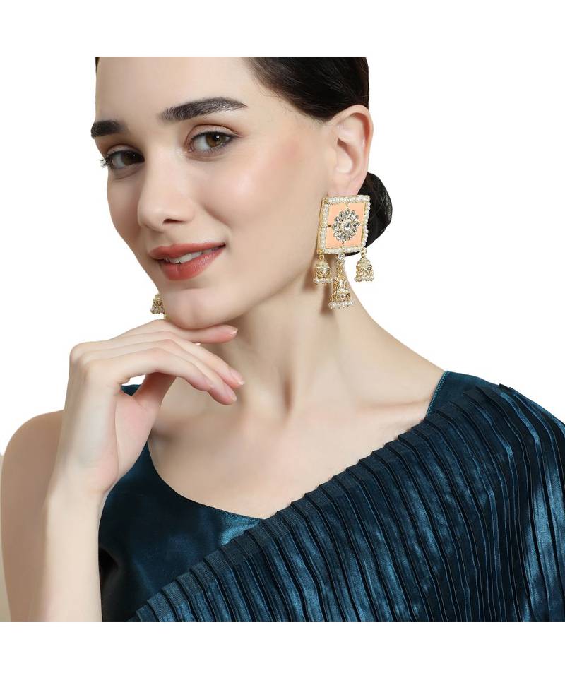 Square Enameled Kundan and Pearl Studded Jhumka Earring
