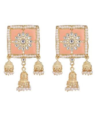 Square Enameled Kundan and Pearl Studded Jhumka Earring 3