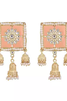 Square Enameled Kundan and Pearl Studded Jhumka Earring