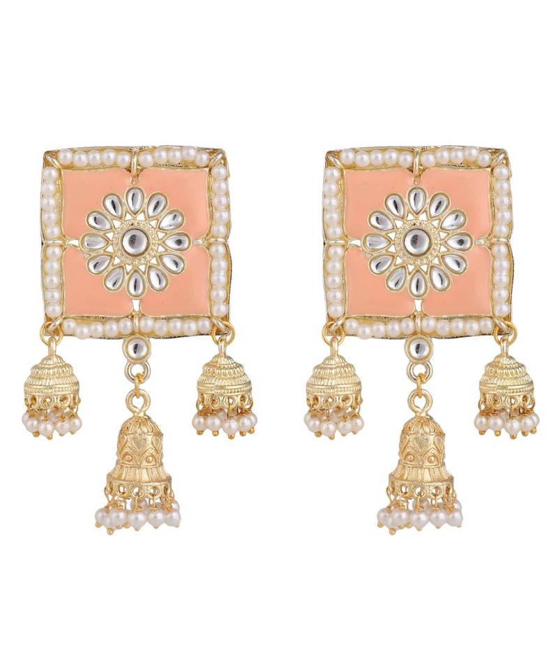 Square Enameled Kundan and Pearl Studded Jhumka Earring