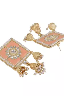 Square Enameled Kundan and Pearl Studded Jhumka Earring