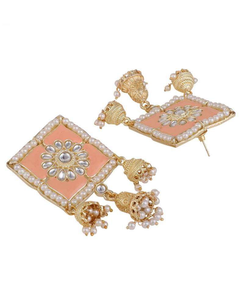 Square Enameled Kundan and Pearl Studded Jhumka Earring