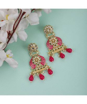 Traditional Red color Enameled Kundan and Pearl Studded Earring 1