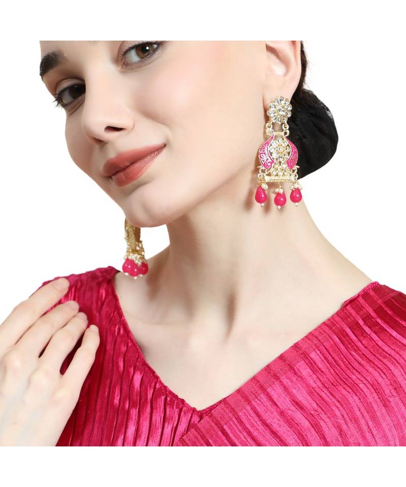 Traditional Red color Enameled Kundan and Pearl Studded Earring