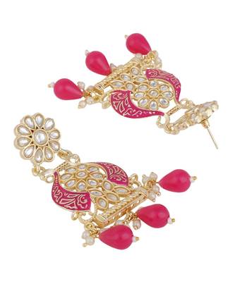 Traditional Red color Enameled Kundan and Pearl Studded Earring 4
