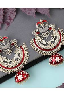 Ethnic Maroon color Enameled Stone Studded Chandbali Jhumka Earring