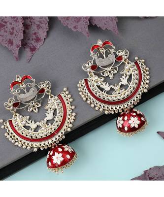 Ethnic Maroon color Enameled Stone Studded Chandbali Jhumka Earring 1