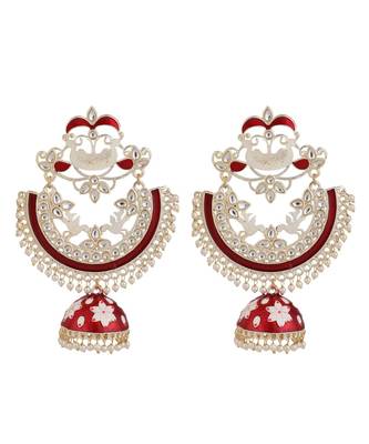 Ethnic Maroon color Enameled Stone Studded Chandbali Jhumka Earring 3