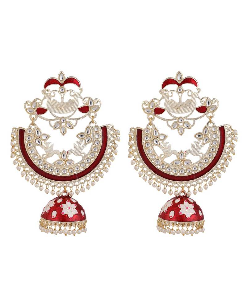 Ethnic Maroon color Enameled Stone Studded Chandbali Jhumka Earring