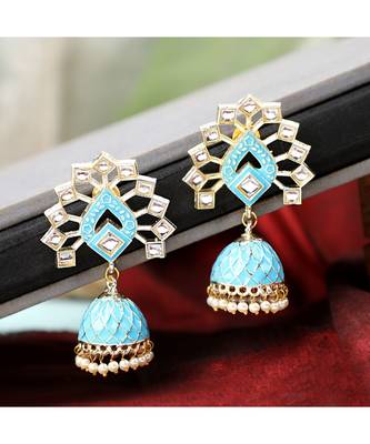 Statement Blue Enameled Gold Plated Kundan studded Jhumka Earring 1