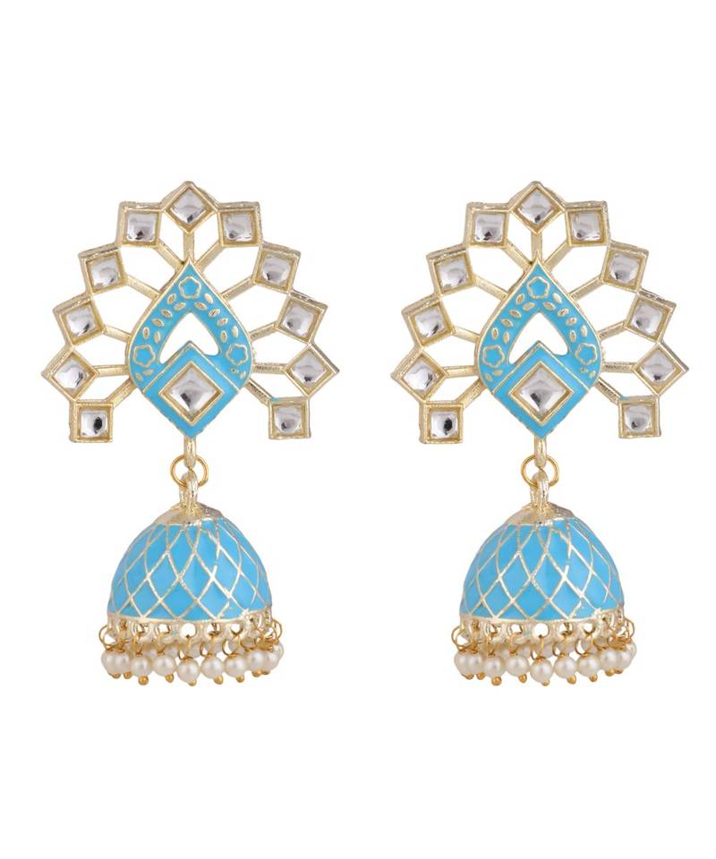 Statement Blue Enameled Gold Plated Kundan studded Jhumka Earring