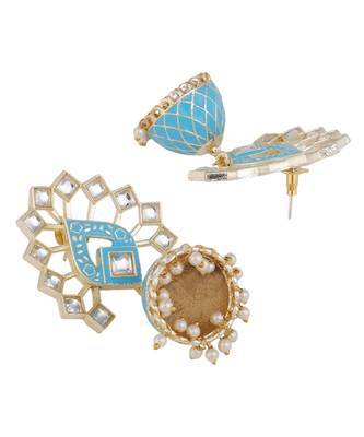 Statement Blue Enameled Gold Plated Kundan studded Jhumka Earring 3