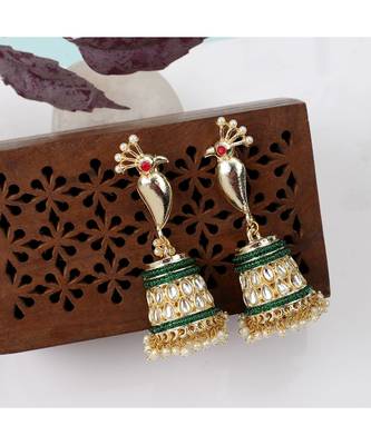 Mettalic Gold Peacock shaped Statement Jhumka Earring 1