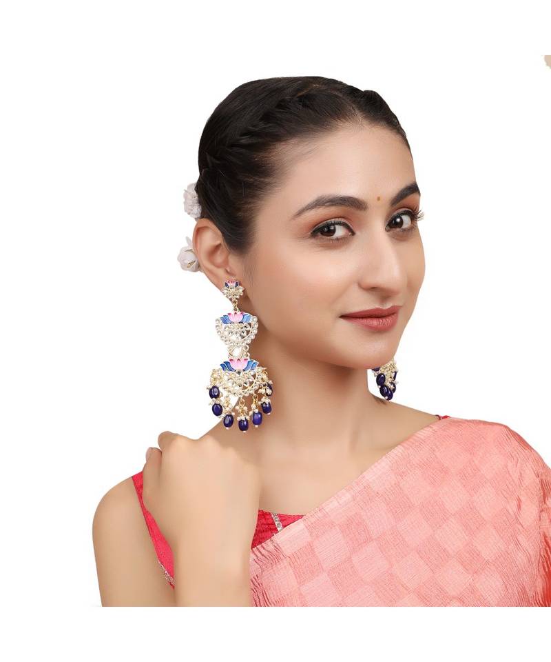 Ethnic Lotus Enameled Statement Chandbali Dangle Drop Earring