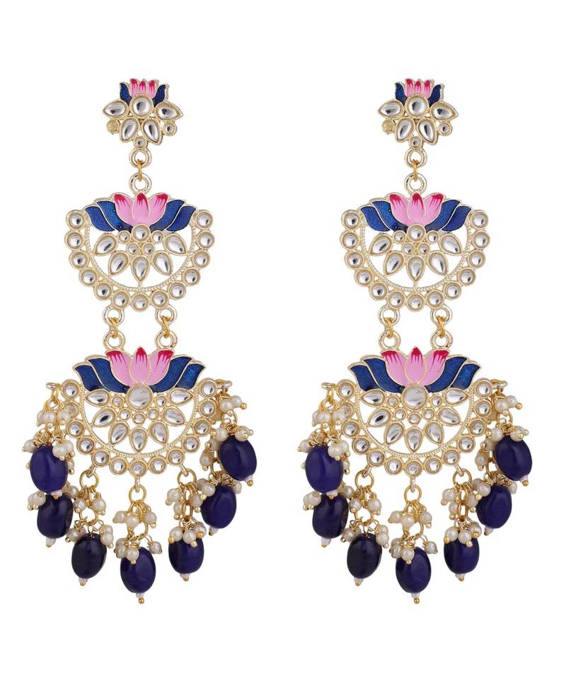 Ethnic Lotus Enameled Statement Chandbali Dangle Drop Earring