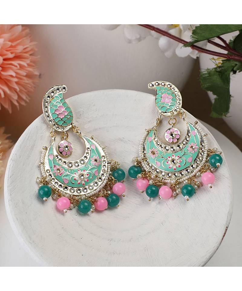 Traditional Paisely Enameled Stone and Pearl Chandbali Earring
