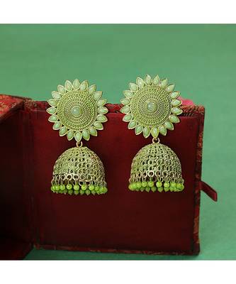 Classic Gold Plated Green color Stone studded Jhumka Earring 1