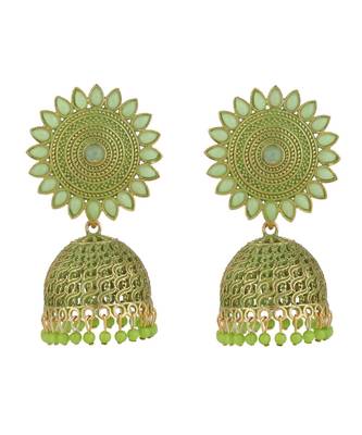 Classic Gold Plated Green color Stone studded Jhumka Earring 2