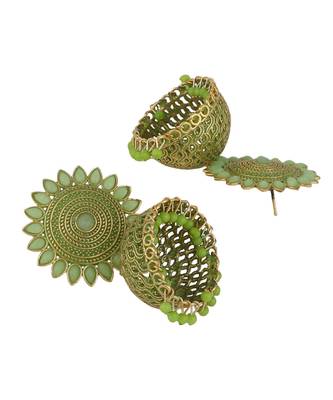 Classic Gold Plated Green color Stone studded Jhumka Earring 3