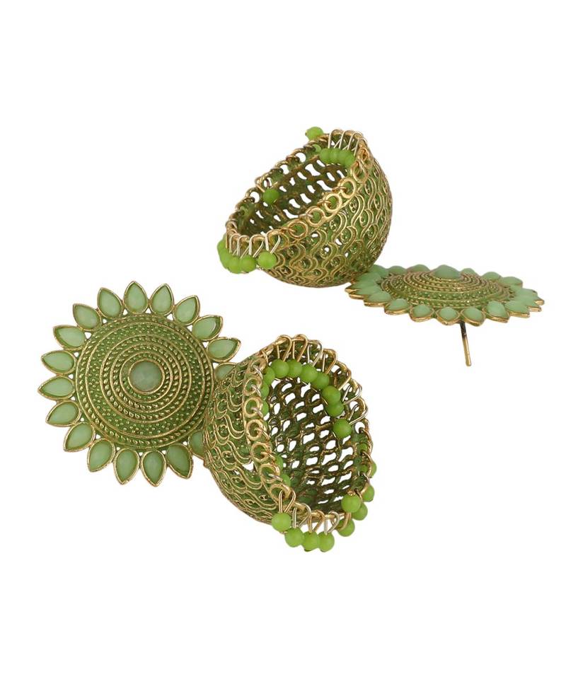 Classic Gold Plated Green color Stone studded Jhumka Earring