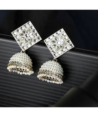 Classic White Color Stone Studded Jhumka Earring 1