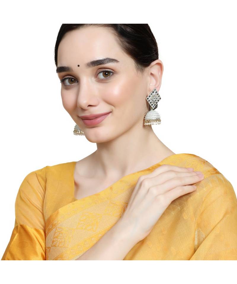 Classic White Color Stone Studded Jhumka Earring